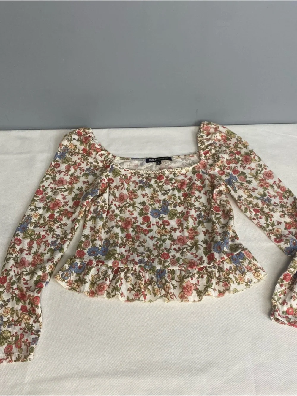 Honey & Sparkle Floral Crop Top Women Large Waffle Knit Cottagecore Feminine - Picture 3 of 14